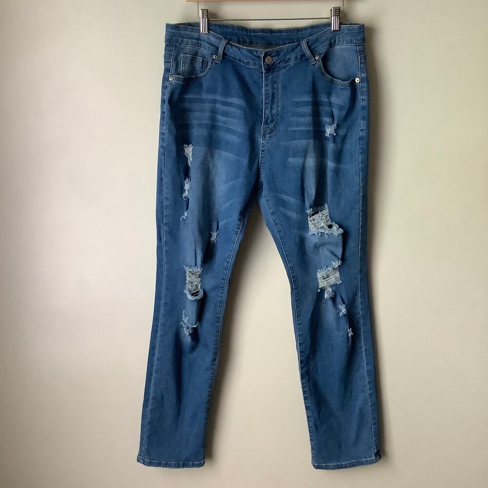 Kunmi High Rise Distressed Ripped Whiskered Blue Denim Jeans Womens Sz 2XL